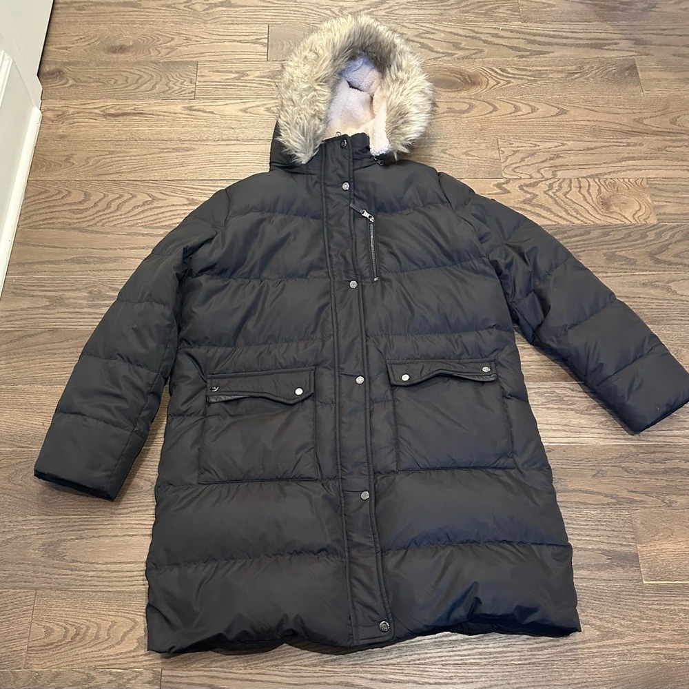 Lauren Ralph Lauren Black Label Long Down Feather Puffer Coat Faux Fur Trim XL